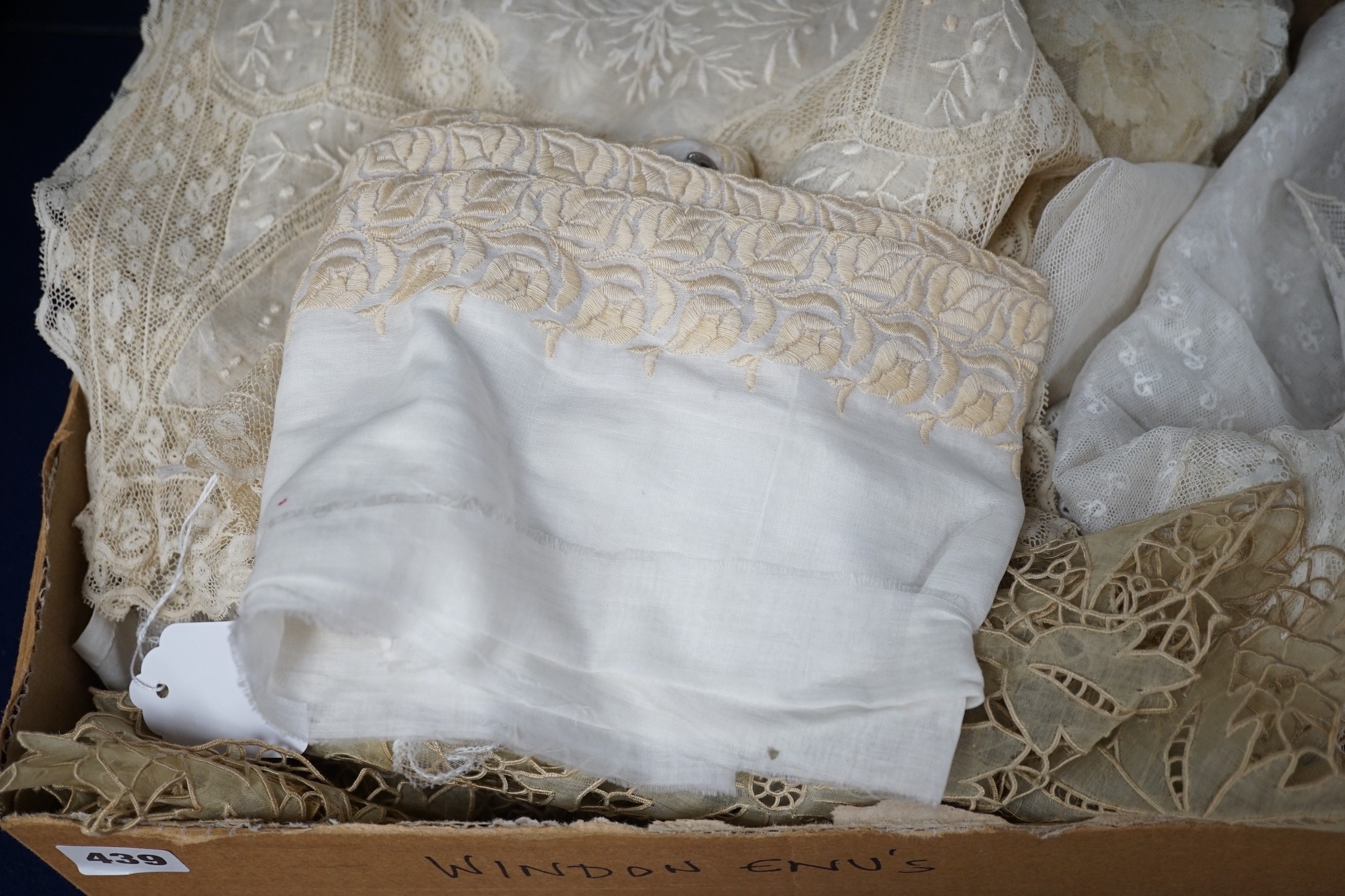 A collection of mostly handmade 19th century lace collars, stoles, veils, etc.